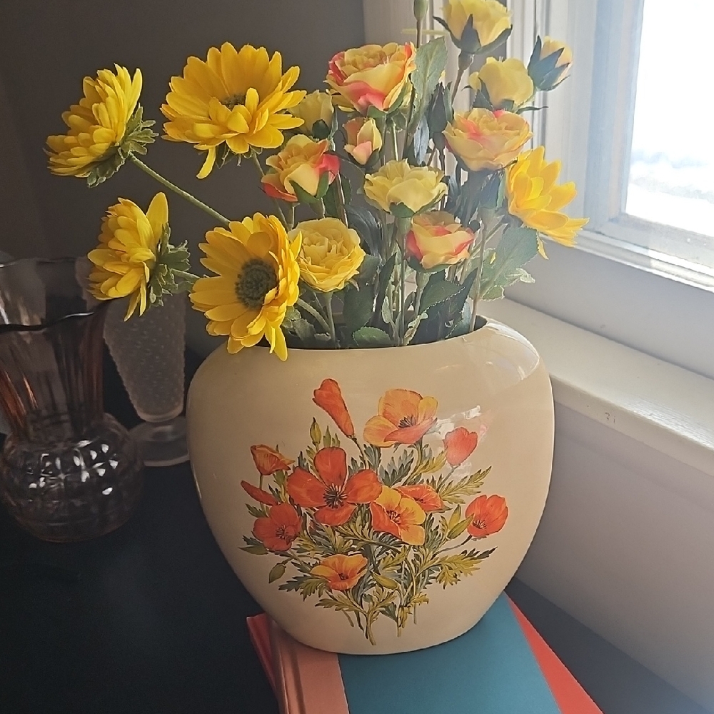 Japanese Floral Oval Beige Ceramic Vase with Orange Poppy's 9x9" MCM